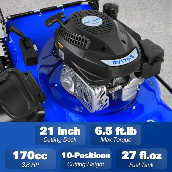 21 Inch Lawn Mower Gas Powered 4-Cycle 170cc Engine 3-in-1 Push Lawnmower with Bagging Mulching & Side Discharge Adjustable - Image 2