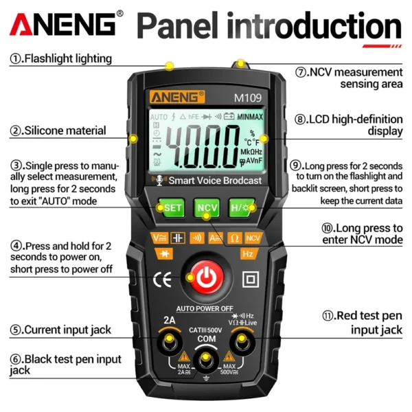 ANENG M109 Professional Smart Multimetre 4000 Counts True RMS Auto Voice Broadcast Electronic Equipment Ohm Testers Meters Tools - Image 6