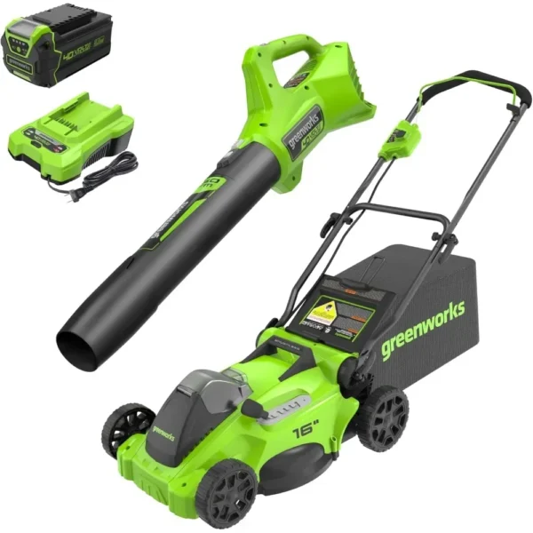 40V 16" Brushless Cordless (Push) Lawn Mower + Blower (350 CFM), 4.0Ah Battery and Charger Included (75+ Compatible Tools)