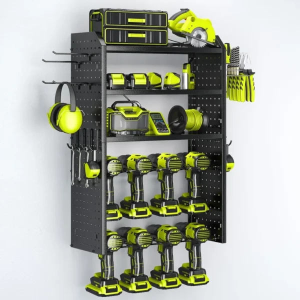 Power Tool Organizer,Large 8 Drill Holder Wall Mount with 2 Side Pegboards,5 Layer Metal Tool Storage Rack with 12 Hooks