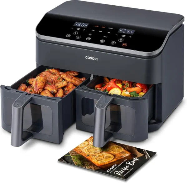 9Qt 8-in-1 Dual Air Fryer Fresh Balanced Meals for Family and Children with Double Baskets Sync Cook & Finish to Bake Roast