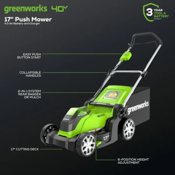 40V 17" Cordless (Push) Lawn Mower (75+ Compatible Tools), 4.0Ah Battery and Charger Included - Image 2