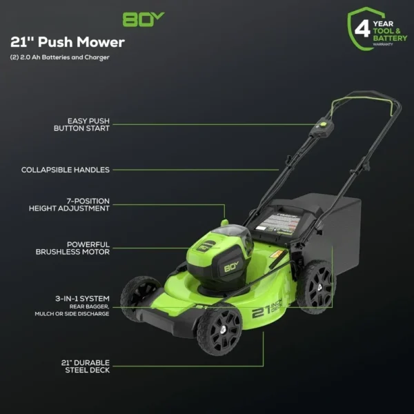 80V 21" Brushless Cordless (Push) Lawn Mower (75+ Compatible Tools), (2) 2.0Ah Batteries and 30 Minute Rapid Charger - Image 2