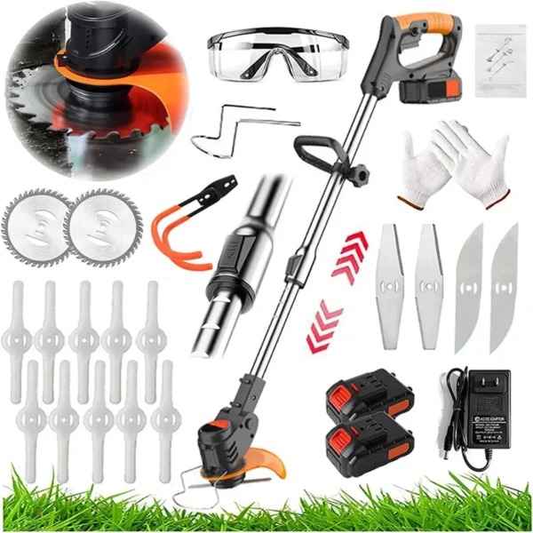 Electric String Trimmer Weed Wacker Lawn Edger with 2 Li-Ion Battery 1 Charger &16 Cutting Blades for Garden Bush Trimming