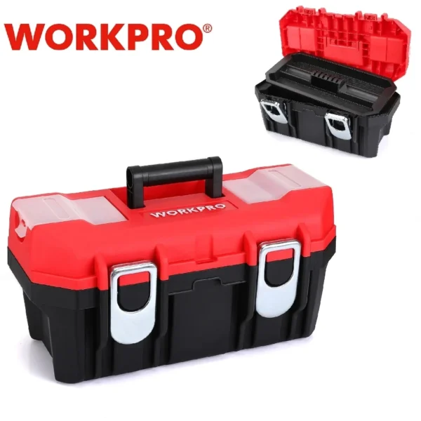 WORKPRO 16" Plastic Tool Box with Tray Waterproof Double Layer Tool Box Storage Multifunction Organizers Case with Handle