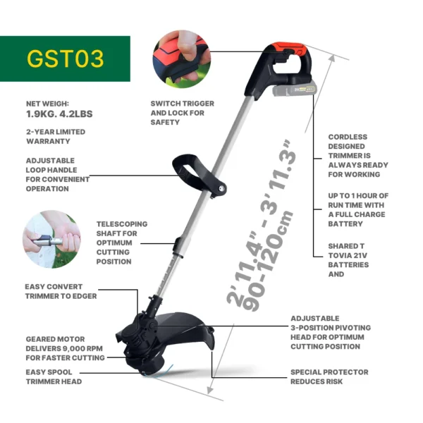 Battery Trimmer Garden Tools Electric Lawn Mower 21V Cordless Grass Trimmer Adjustable Cutter Compatible Makita 18V Battery - Image 2