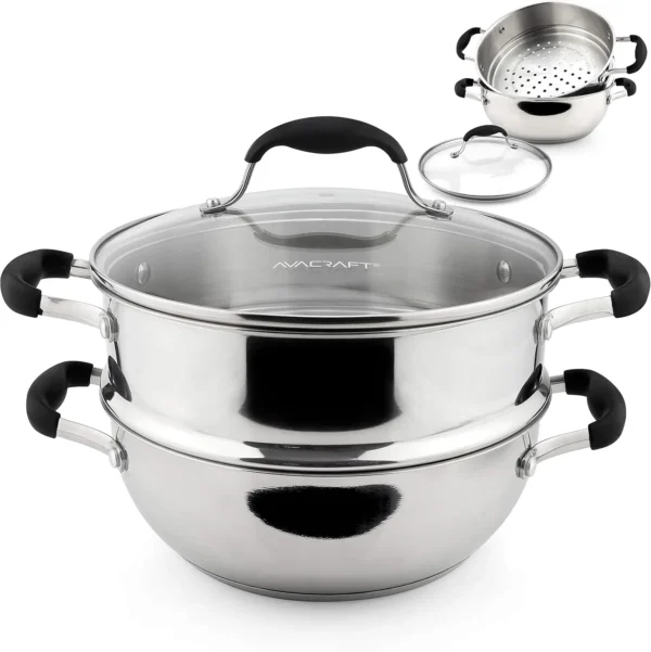 Stainless Steel Steamer Cooking Pot Set, Steamer for Cooking, Steamer Pan Set with Glass Lid, Momo Maker