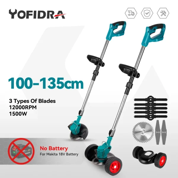 YOFIDRA 100-135cm Electric Lawn Mower Handheld Cordless Adjustable Grass Trimmer Garden Power Tool For Makita 18V Battery