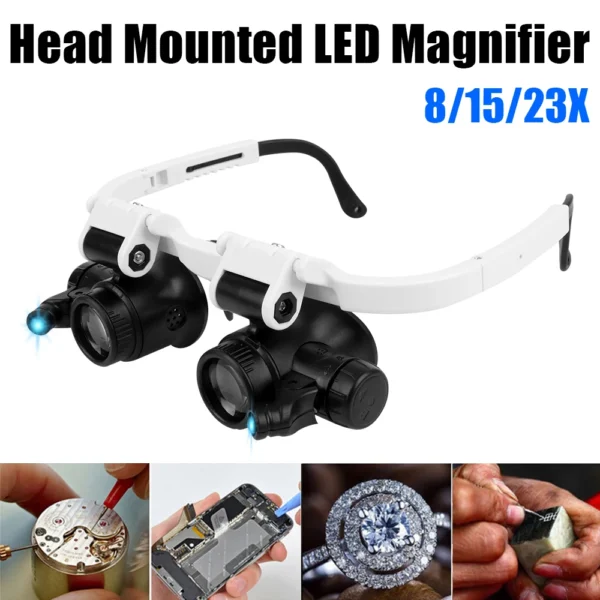 8x 15x 23x Dual-Lens Eye Loupe Magnifier Head Mount Magnifying Glass For Electronics Watch Repair LED Lights Glasses Magnifier