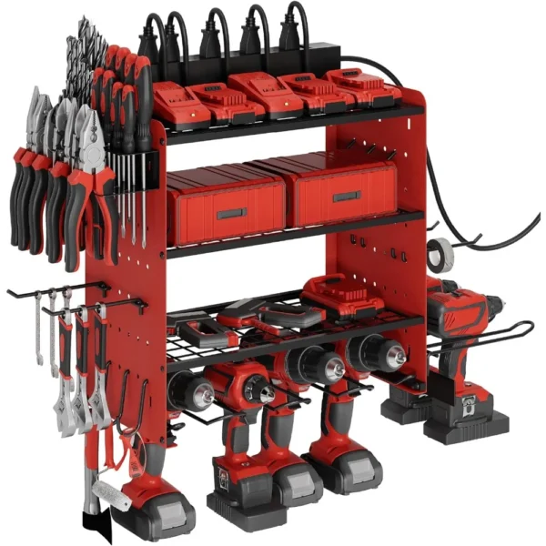 Sttoraboks Modular Power Tool Organizer with Charging Station, Wall Mount Garage 4 Drill Shelf Rack with hooks, Heavy Duty Tool