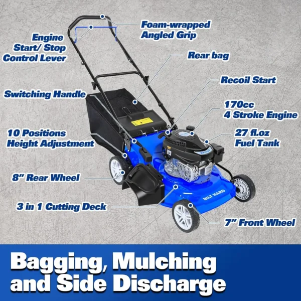 21 Inch Lawn Mower Gas Powered 4-Cycle 170cc Engine 3-in-1 Push Lawnmower with Bagging Mulching & Side Discharge Adjustable - Image 3