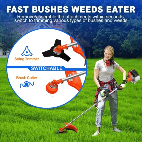 52cc 2 Stroke 5 in 1 Garden Hedge Trimmer Combo Gas Powered Long Reach Pole Saw Grass String Trimmer Brush Tree Cutter Pruner - Image 3