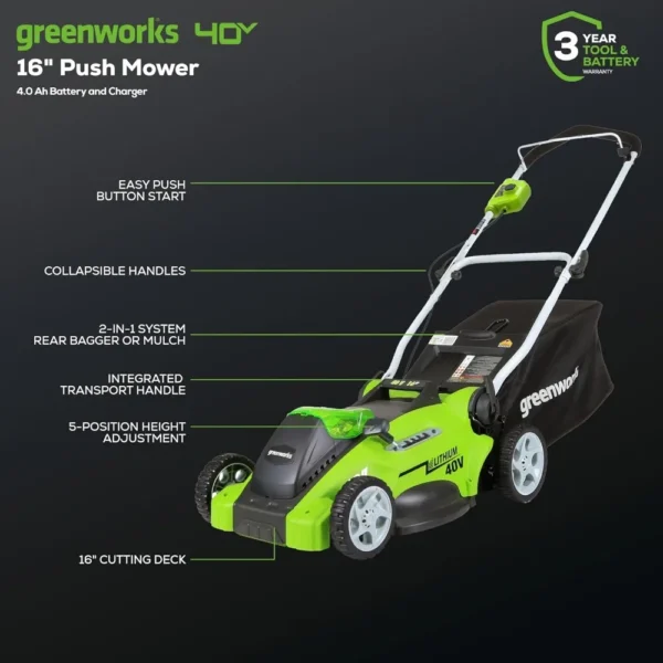 40V 16" Cordless (Push) Lawn Mower (75+ Compatible Tools), 4.0Ah Battery and Charger Included - Image 2