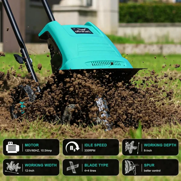 Electric Garden Tiller Electric Cultivator 12 Inch Tilling Width 8-Inch Electric Tiller 10.5 Amp Tiller for Garden Yard - Image 4