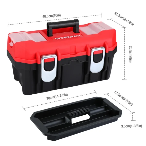 WORKPRO 16" Plastic Tool Box with Tray Waterproof Double Layer Tool Box Storage Multifunction Organizers Case with Handle - Image 2