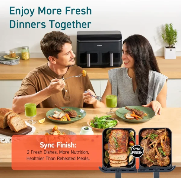 9Qt 8-in-1 Dual Air Fryer Fresh Balanced Meals for Family and Children with Double Baskets Sync Cook & Finish to Bake Roast - Image 4