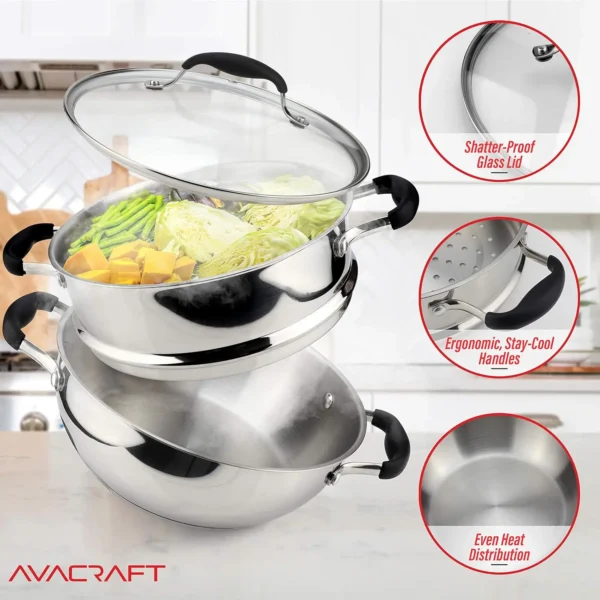 Stainless Steel Steamer Cooking Pot Set, Steamer for Cooking, Steamer Pan Set with Glass Lid, Momo Maker - Image 3