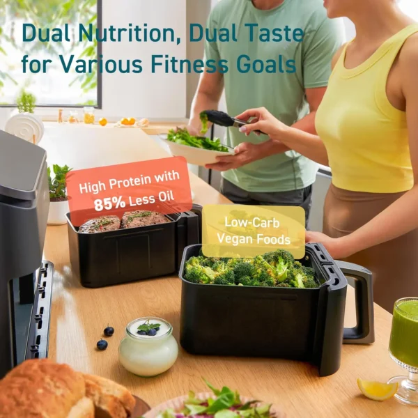 9Qt 8-in-1 Dual Air Fryer Fresh Balanced Meals for Family and Children with Double Baskets Sync Cook & Finish to Bake Roast - Image 3