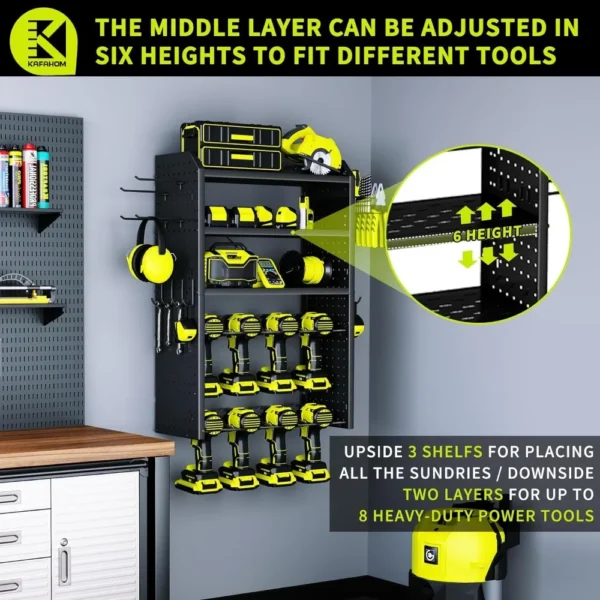 Power Tool Organizer,Large 8 Drill Holder Wall Mount with 2 Side Pegboards,5 Layer Metal Tool Storage Rack with 12 Hooks - Image 6