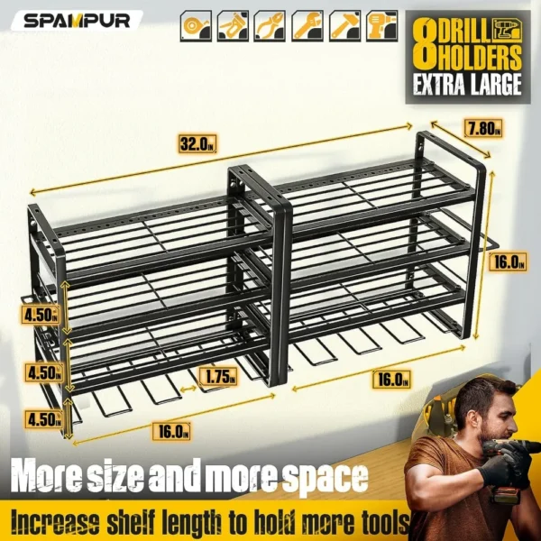 Power Tool Organizer, 15 Min Quick Assembly & Max 150lb load by Heavy Duty Metal, 8 Slots 4 shelves for Cordless Drill in Garage - Image 2