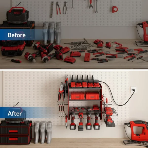 Sttoraboks Modular Power Tool Organizer with Charging Station, Wall Mount Garage 4 Drill Shelf Rack with hooks, Heavy Duty Tool - Image 6