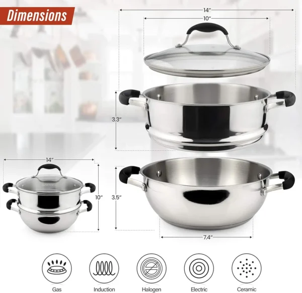 Stainless Steel Steamer Cooking Pot Set, Steamer for Cooking, Steamer Pan Set with Glass Lid, Momo Maker - Image 2