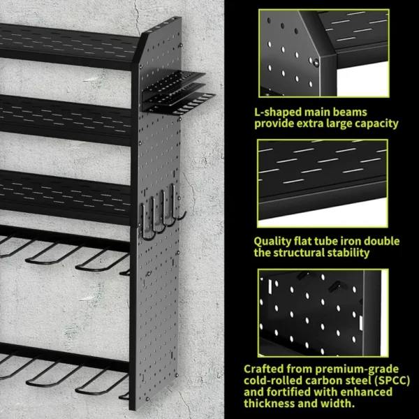 Power Tool Organizer,Large 8 Drill Holder Wall Mount with 2 Side Pegboards,5 Layer Metal Tool Storage Rack with 12 Hooks - Image 2