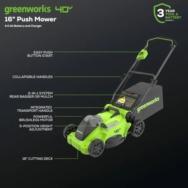 40V 16" Brushless Cordless (Push) Lawn Mower (75+ Compatible Tools), 4.0Ah Battery and Charger Included - Image 2