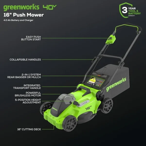 40V 16" Brushless Cordless (Push) Lawn Mower + Blower (350 CFM), 4.0Ah Battery and Charger Included (75+ Compatible Tools) - Image 2