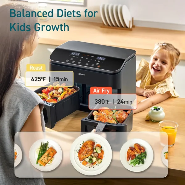 9Qt 8-in-1 Dual Air Fryer Fresh Balanced Meals for Family and Children with Double Baskets Sync Cook & Finish to Bake Roast - Image 2