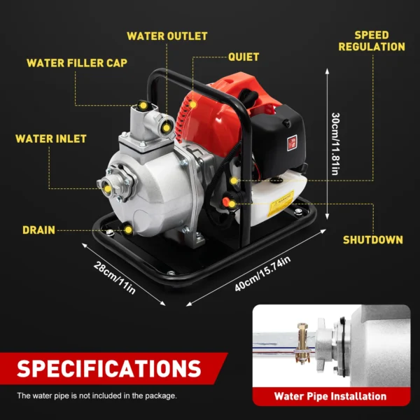 Gasoline Water Pump 2-Stroke Portable Gasoline Engine Trash Pump 20m Lift Powerful Engine Water Transfer Pump 26.25ft Suction - Image 5