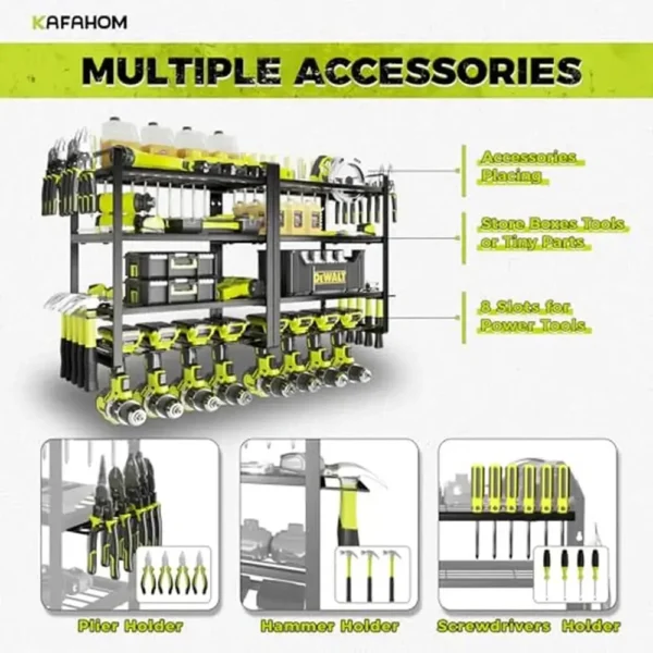 Power Tool Organizer 8 Drill Holder Wall Mount Storage Rack Hammer Pliers Screwdriver Garage Tool Shelf Kit 4 Layers Metal Iron - Image 2