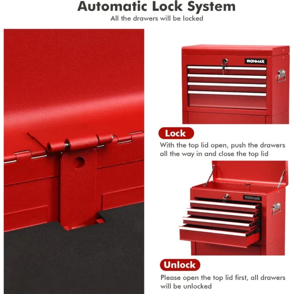 6-Drawer Rolling Tool Chest 3-in-1 Tool Box Organizer w/Auto Locking System & Lockable Wheels & Sliding Drawers & Detachable Top - Image 5