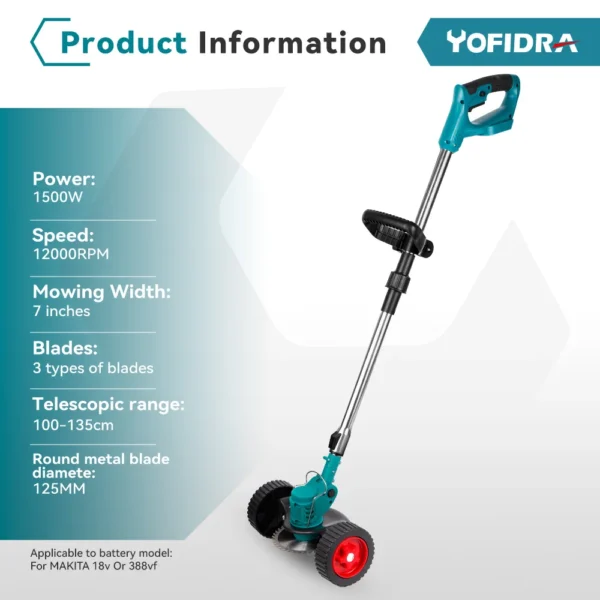 YOFIDRA 100-135cm Electric Lawn Mower Handheld Cordless Adjustable Grass Trimmer Garden Power Tool For Makita 18V Battery - Image 6