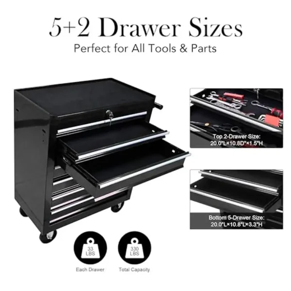 7-Drawer Tool Chest with Organizer Tray Divider Set & Wheels Rolling Tool Box Steel Countertop Garage Workshop Storage & - Image 4