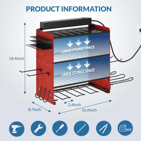 Sttoraboks Modular Power Tool Organizer with Charging Station, Wall Mount Garage 4 Drill Shelf Rack with hooks, Heavy Duty Tool - Image 2