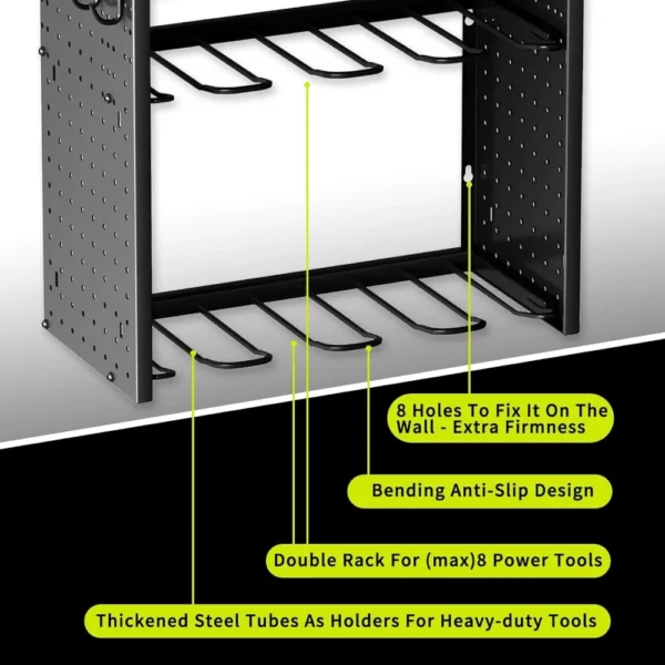 Power Tool Organizer,Large 8 Drill Holder Wall Mount with 2 Side Pegboards,5 Layer Metal Tool Storage Rack with 12 Hooks - Image 5