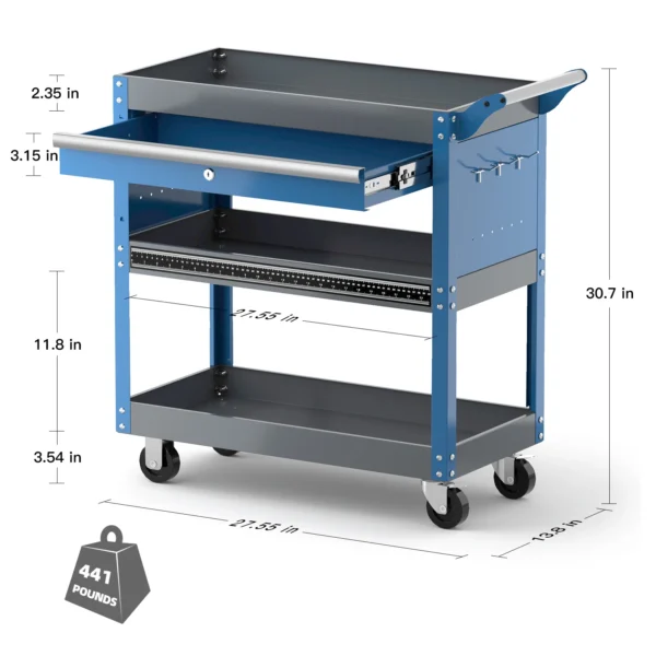 AIRAJ Metal Service Utility Cart with Wheels - Tool Cart Heavy Duty Rolling 3-Tier Storage Organizer, for Garage Industrial Cart - Image 3