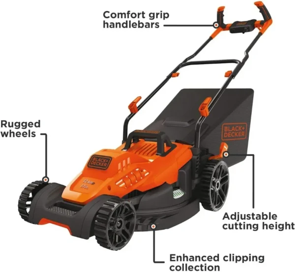 Electric Lawn Mower, 12-Amp, 17-Inch (BEMW482BH) Garden Tools One Click Start with Barrier Free and Easy-to-use - Image 2