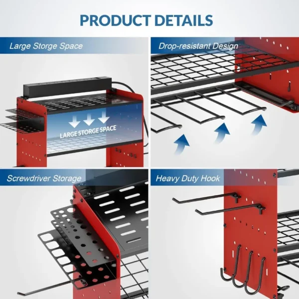 Sttoraboks Modular Power Tool Organizer with Charging Station, Wall Mount Garage 4 Drill Shelf Rack with hooks, Heavy Duty Tool - Image 4